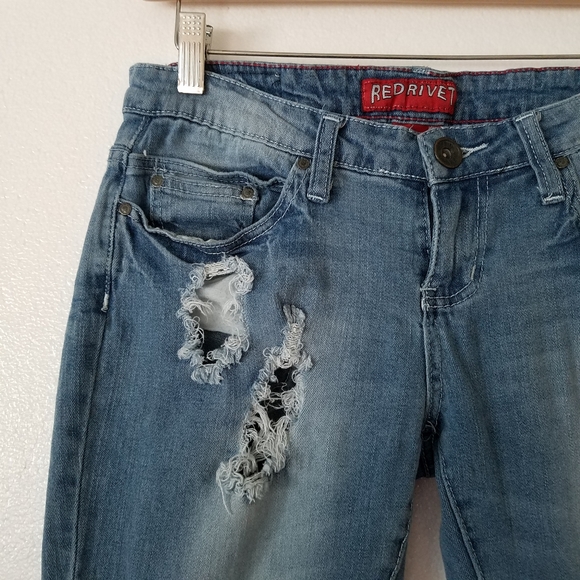 Red Rivet blue distressed cropped jeans low waist Y2K - Picture 3 of 8